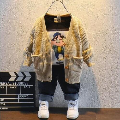 Hot sale kids clothes clothing sets kids knitting Cardigan, T-shirt and jeans 3pcs boys sets children tracksuit 2-6years