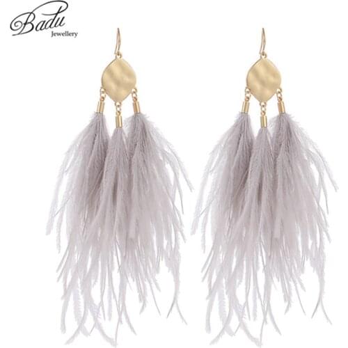 Badu Vintage Ostrich Feather Earring Long Drop Women Winter Autumn Winter Earrings Light Feathers Christmas Jewelry Wholesale