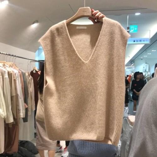 Vintage Women Wool Sweater Vest 2021 Korean Style Casual Solid Color V Neck Sleeveless Pullover Knit Tank Tops Waistcoat T647