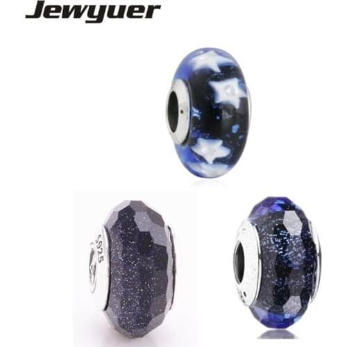 925 Sterling Silver star Starry Night Blue Fascinating Iridescence faceted Murano Glass beads fit charms bracelets DIY BD142