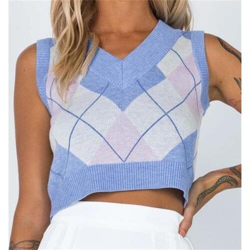 Women’s Autumn Casual V-neck Knitted Vest Fashion Contrast Color Plaid Short Style Sleeveless Vintage Argyle Retro Sweater