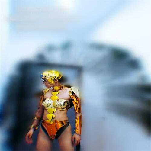 EC75 Female stage armor suit gold mirror clothe dance costumes ballroom outfits robot bodysuit rivets outfits singer catwalk bra