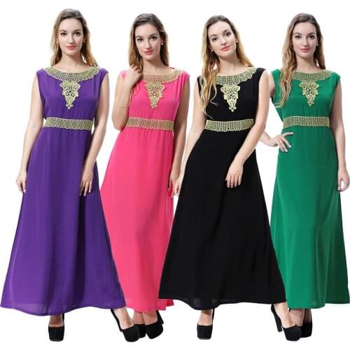 Muslim Women Abaya Islamic Sleeveless Applique Round Neck Maxi Dress Lady Saudi Arab Ethnic Femal Long Thobe Kaftan