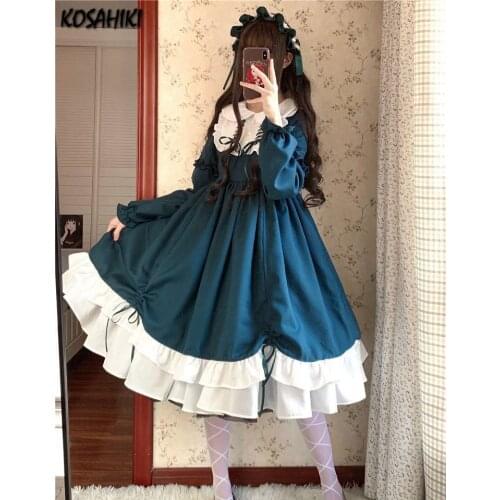 KOSAHIKI Japanese Kawaii Peter Pan Collar Lolita Dresses Patchwork Bowknot Ruffles Sweet Women Vestido Princess Party Femme Robe