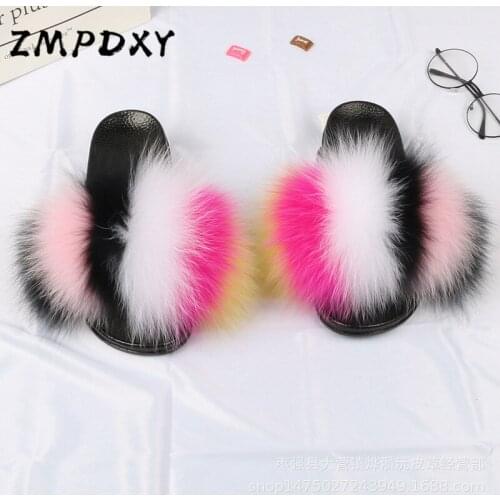 Winter Ladies Fluffy Raccoon Fur Slippers Cute Warm Kids Fox fur Slippers Womens Furry Flip Flops Female Plush Flat Sandals Hot