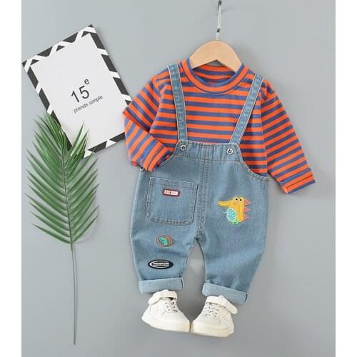 2021 Spring Autumn Casual Baby Boy Clothes Set Toddler Girl Clothing Stripe Shirt Top+Bib Jeans Infant Kids Tracksuit Outfits