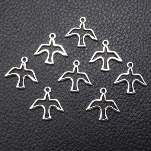 30pcs/lot Silver Plated Hollow Bird Charm Metal Pendants Necklaces Bracelets DIY Charms for Jewelry Making Accessories 18*18mm