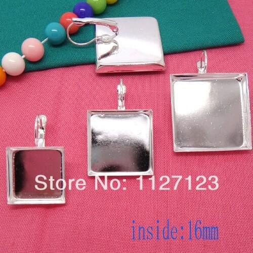 Free ship!200pcs 16mm square cameo base cabochon setting earwires leverback bezel earring blank tray findings nickel free