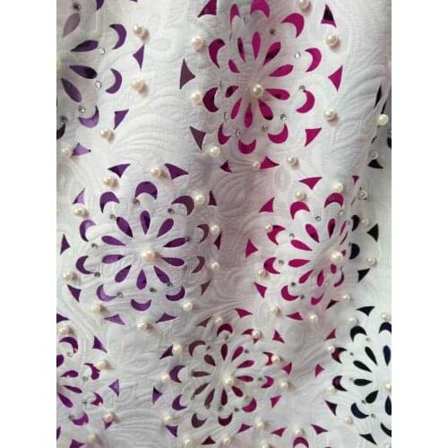 Free shipping (5yards/pc) high quality laser cut African lace fabric pure white party dress lace fabric with lots of beads CLL01