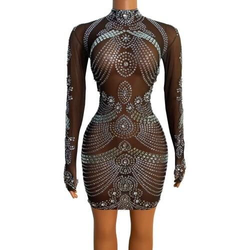 Sparkly Silver Rhinestone Transparent Short Dress Evening Bar Birthday Celebrate Costume Women Dancer Prom Party Dress