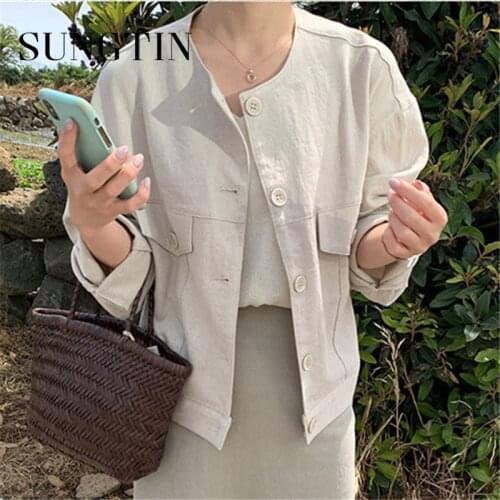Sungtin Linen Cotton Blouse Coat Jacket Women Elegant Korean Loose Female Casual Linen Thin Jacket Vintage Pockets Streetwear