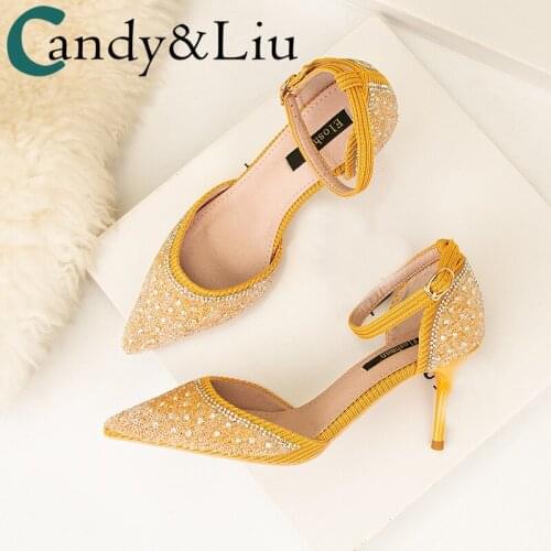Korean Fashion Sexy Crystal Pointed High Heels Womens Shoes Thin Heeled High Heel Hollow A- line Sandals Women