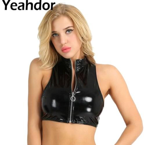 Black Women Fashion Clubwear Wetlook Patent Leather Sleeveless Stand Collar Zipper Vest Punk Crop Tank Tops Vest Casual Wear