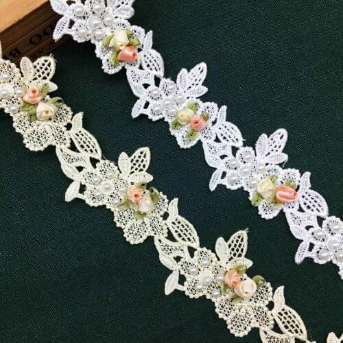 1 yard Vintage Pearl Flower Floral Embroidered Lace Trim Ribbon Fabric Applique Patches Wedding Dress Fabric Sewing Craft