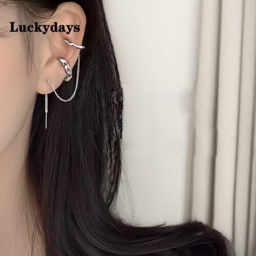 Luckydays Cool Punk Style Geometry Spiral Long Tassels Chain Earring Asymmetric Ear Cuff Clip on Earring For Girl Women Gift