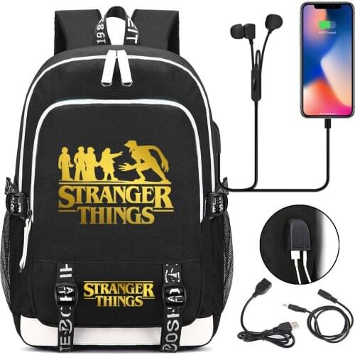 Stranger Things Fashion Casual Travel Camp School Backpack Black Gold USB Roomy Multifunctional Unisex Oxford Shoulders Bag