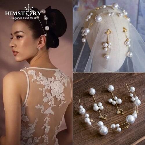 HIMSTORY Soft European Pearls Brides Headband Earring Bridal Tiaras Crown Elegance Wedding Hair Accessory Prom Headdress Access