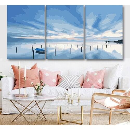 DIY Oil Painting by Numbers Ocean Seascape 40x50cmx3pcs Triptych kits Landscape Pictures by Numbers Wall art Home Decoration