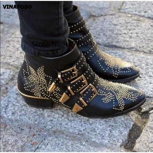 2019 New Leather Rivets Booties Buckle Straps Thick Heel Black Ankle Boots Studded Decorated Motorcycle Boots Woman Riding boots