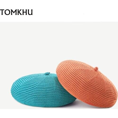 New Quality Spring Summer Women Knit Berets Ladies Solid Flat Cap Fashion Crochet French Cap Stars Painter Hat Wholesale 9 Color