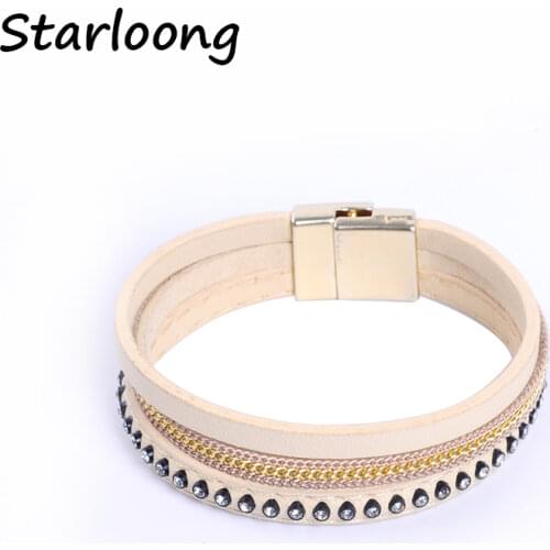 New fashion beige PU leather bracelet with rhinestone beads magnetic clasp women wrap bijoux Bracelet