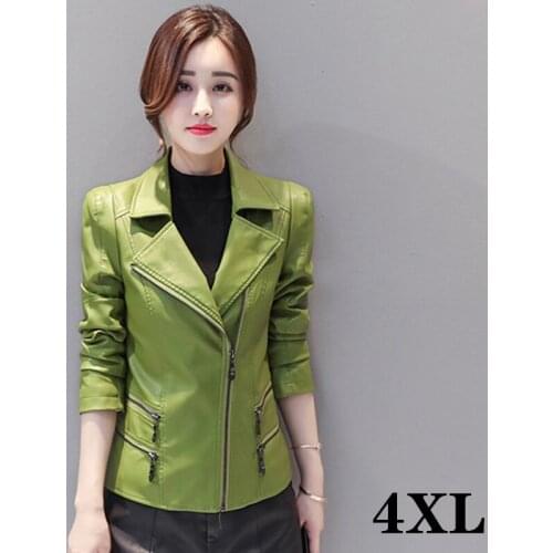 Autumn Women Leather Jacket Large Size Female Moto Biker Zipper Soft PU Faux Leather Oversize Jacket Woman Slim Fall Green Coat