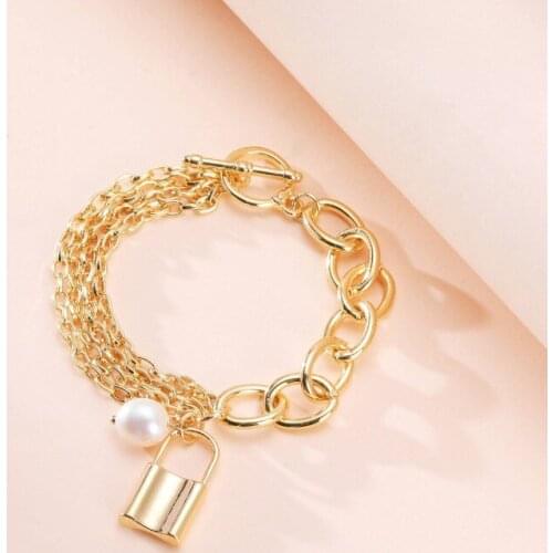 ORNAPEADIA Personalized Fashion Hollow Metal Element Bracelet for Women Pearl Ot Buckle Irregular Chain Retro Small Lock Pendant