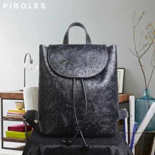 Portable Cowskin School Backpack Genuine Leather Womens Travel Bag Unique Flower Design Large Capacity Book Laptop Backpacks