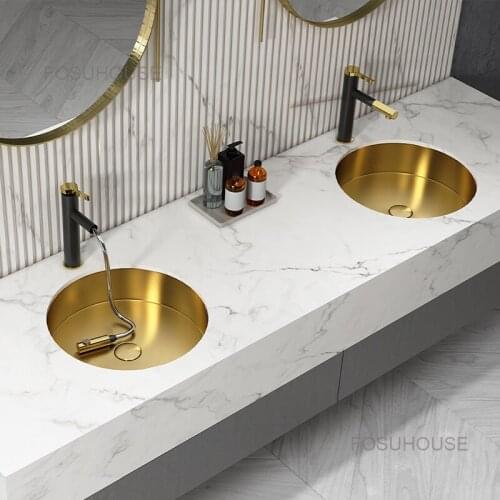 Nordic Bathrom Sink Round Golden Light Luxury Stainless Steel Under Platform Wash Basin Single Basin Household Embedded Sink