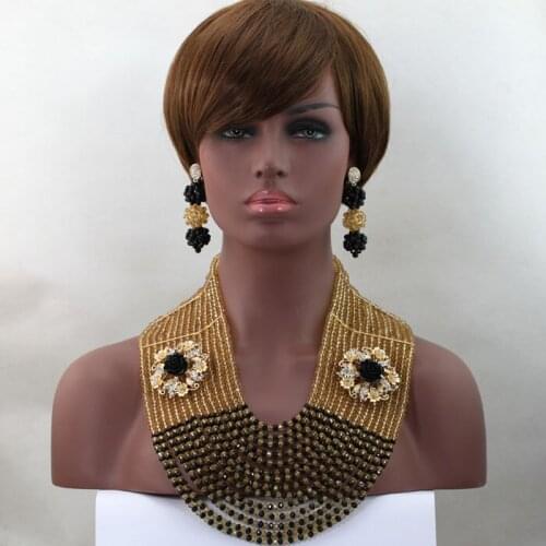 Luxury Champagne/Black Wedding Beads African Jewelry Sets Dubai Bridal Costume Necklace Set 14 Layers Free Shipping ALJ537