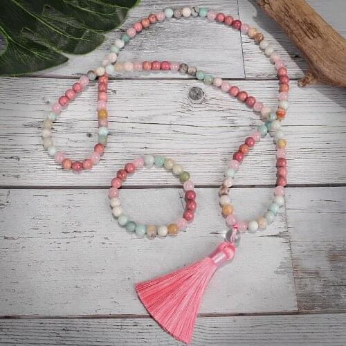 Handmade Bohemian Tribal Jewelry Natural Crystal Rhodochrosite Stones Long Tassel Pendant Necklaces Women
