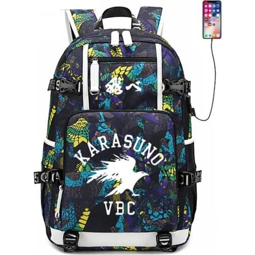 Haikyuu Karasuno VBC Backpack USB Port Rucksack Bag Snake Pattern Teenager Student School Bags travel Shoulder Laptop Mochilas