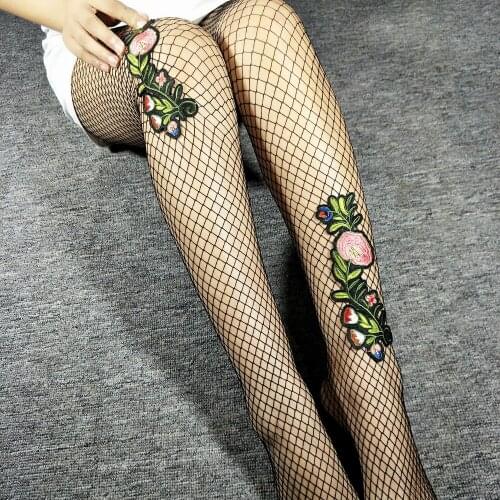 Sexy Womens Fishnet Tights Stockings Flower Embroidery Feminine Mesh Pantyhose Black
