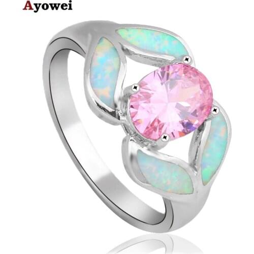 Cost price pendientes Pink crystal fashion jewelry White fire Opal Silver Stamped Rings USA Size #6#7#8#9#10 OR736A