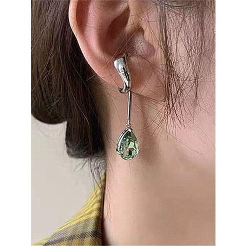 YANGLIUJIA Green Crystal Pendant Ear Bone Earring Exaggerated Fashion Retro Geometric Earrings Woman Party Travel Accessories