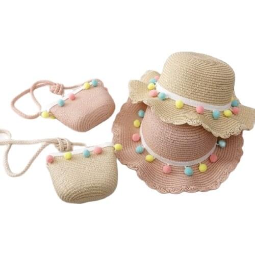 New princess girl casual sun hats and bags sets Summer beach holiday sun protection straw hat Kid cartoon panama caps