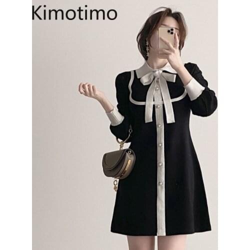 Kimotimo Knit Dress Women Korean Chic Hepburn Pearl Button Bow Belt Turn-down Collar Autumn Retro Elegant A Line Mini Dresses