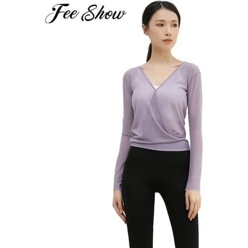 Women Casual Yoga Shirts Classical Dance Yoga Tops V Neck Long Sleeve See-through Mesh Sport Practice Dance Top Show Performance