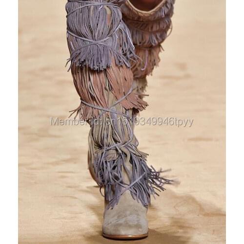 2019 Bohemia Style Women Knee High Wedge Boots Height Increasing Fringe Tassel Boots Lace-up Strappy Fashion Runway Women Shoes