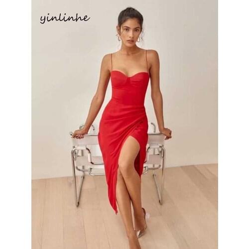 Yinlinhe Solid Vintage Braces Long Dress Backless Heart Collar Slim Sexy Summer Dress Irregular Split Party Dresses French 2104