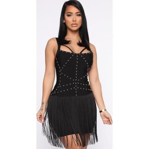 Celebrity Bandage Dress Black Sexy Spaghetti Straps Sleeveless Rivet Tassel Mini Bodycon Dress 2020 Elegant Femal Sexy Club Part