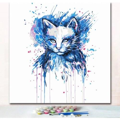 Watercolor colorful Ink cat head painting by numbers with colors for digital paintings color on canvas children