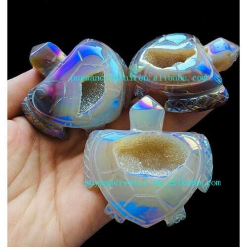 Angel Aura Agate Geode Turtle Carved Crystal Tortoise Statue Healing Crystals Guardian Art Gift Home Decor Feng Shui King Wiccan