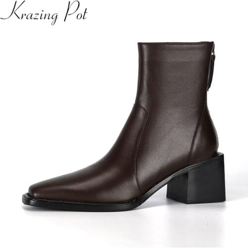 Krazing Pot superstar cow leather high heels winter shoes classics Chelsea boots square toe zipper concise dating ankle boots