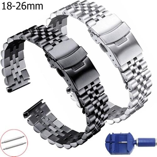Stainless Steel Watch Strap 18/20/22/23/24/26mm Watch Band Bracelet Silver Black Metal Watchband with Double Clasp for Men Women