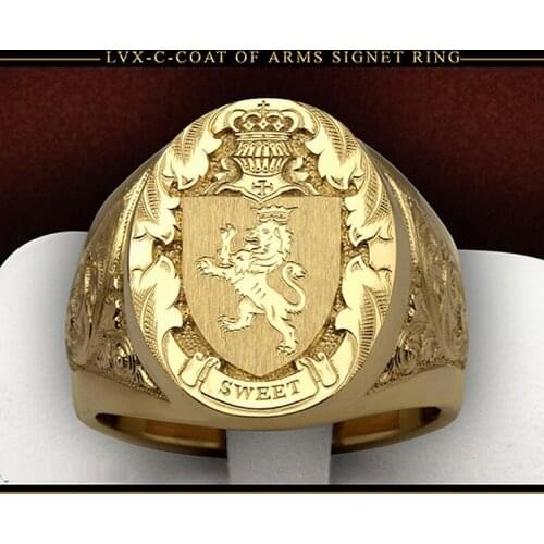 Hot Crown Lion Shield Badge Ring Plated 18K Yellow Gold Royal Seal Mans Ring