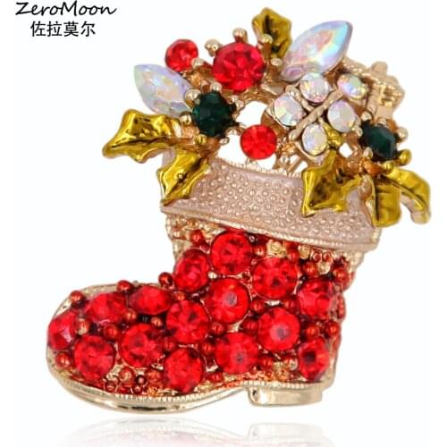Crystal Rhinestone Santa Claus Boots Brooch Pin Christmas Metal Leaves Unisex Fashion Jewelry Holiday Gift