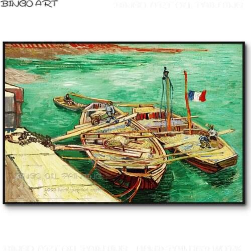 Skilled Artist Pure Hand-painted Impressionist Fishing Boat Oil Painting on Canvas Beautiful Van Gogh Fishing Boat Oil Painting