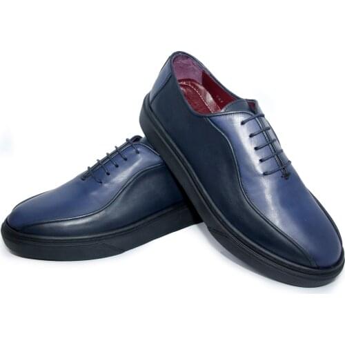 Handmade Sneakers with Natural Calf Skin Leather, Two Tone Blue Dark Navy Blue Color, Height Increasing Oxford Style Mens Shoes