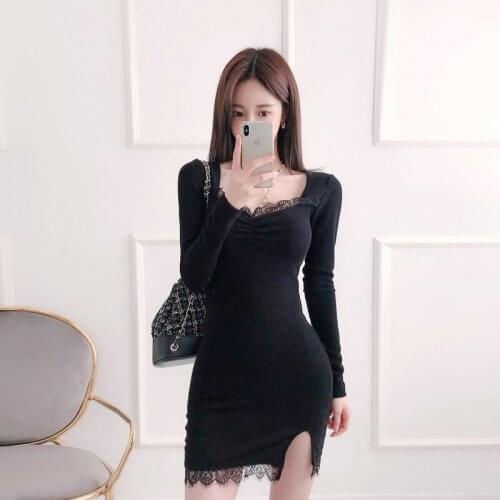 Lace Patchwork Slim Bodycorn Sheath Dress Split Vintage Clubwear Elegant Korean Long Sleeve Casual Pencil Dress Sexy Spring B735